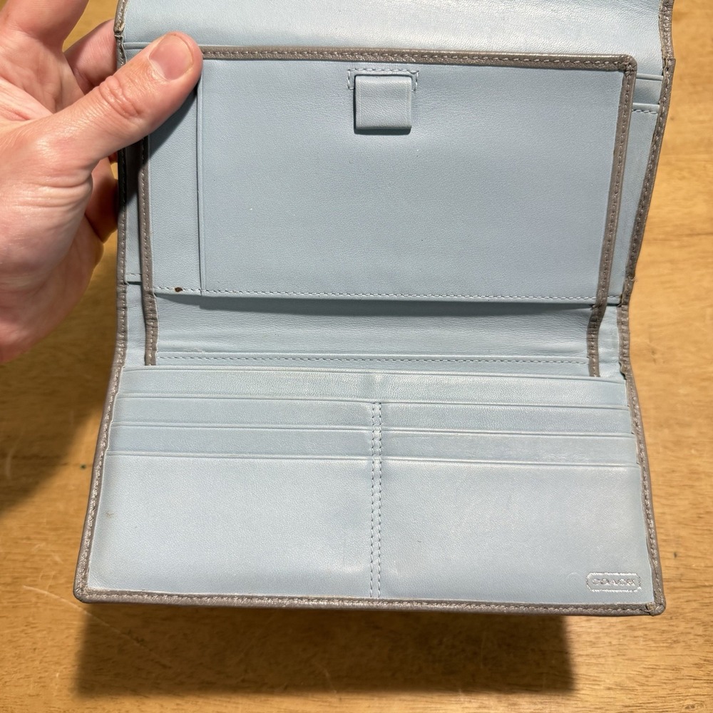 COACH Women Gray Silver Canvas Leather Trifold Wallet Op Art Logo Y2K 90s Zip - Picture 9 of 10